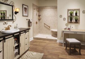 Sandalwood smooth shower with hex seat and premium shower in MA & Rhode Island.