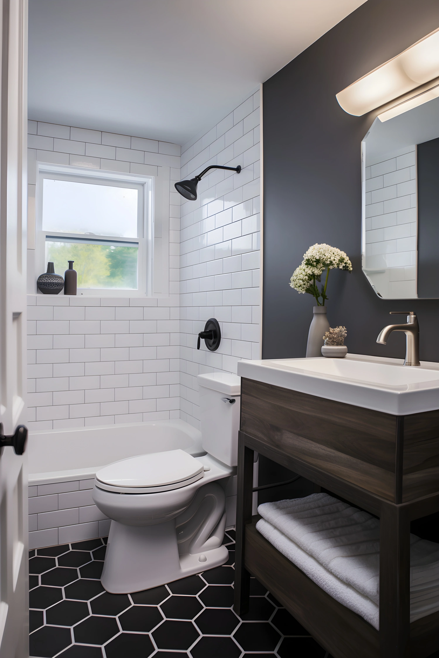 A minimalist bathroom with a white vanity and patterned black, white, and gray floor tiles with small print.