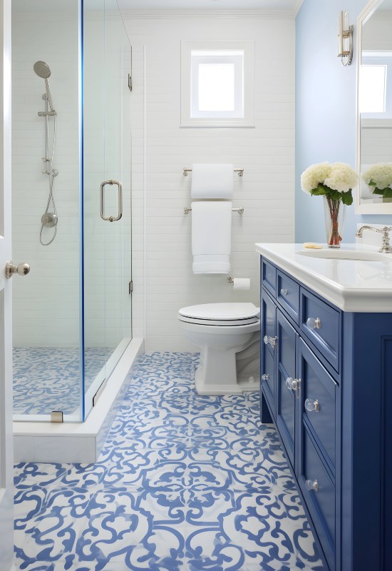 A renovated bathroom featuring blue and white tile flooring with a modern shower in Hanover, MA