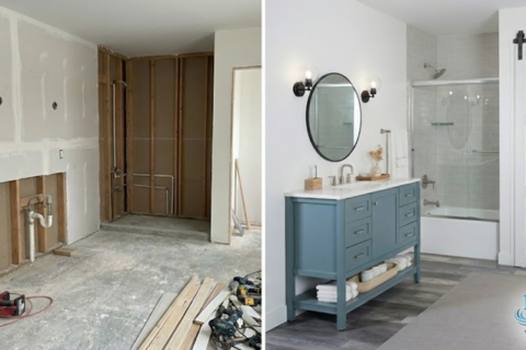 Before-and-after bathroom remodel showing a construction space transformed into a modern, finished bathroom by Bay State Bath in MA & NH