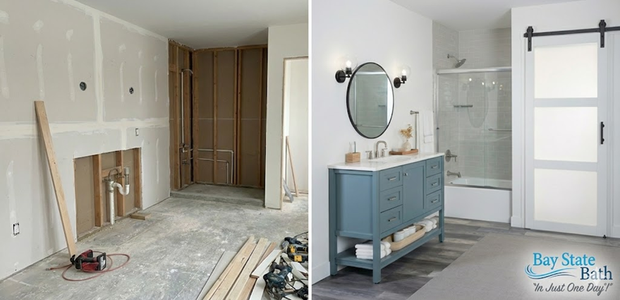 Before-and-after bathroom remodel showing a construction space transformed into a modern, finished bathroom by Bay State Bath in MA & NH